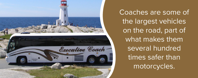 Coaches are some of the largest vehicles on the road, part of what makes them several hundred times safer than motorcycles.