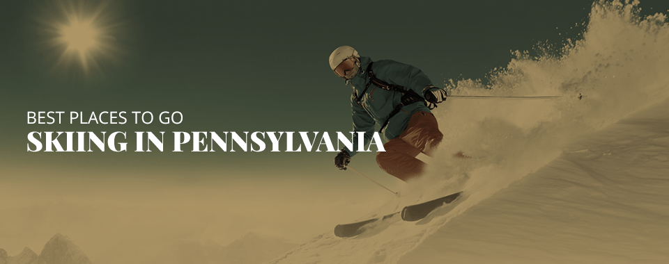 Best places to go skiing in PA and a man with skiing gear is riding down a slope.